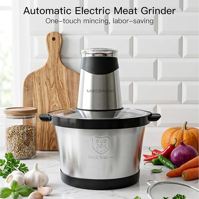 MEGAWISE Electric Food Processor, 1000W Meat Grinder & Vegetable Chopper with 6L 304# Stainless Steel Bowl, Dual-Speed Food Chopper for Meat, Vegetables, Fruits, Nuts, and Baby Food