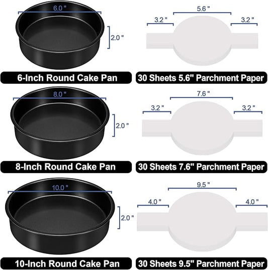 Round Cake Pans Set of 3 (6, 8, 10 Inch), Nonstick Circle Cake Pan with 90PCS Parchment Paper for Layer Cakes Deep-Dish Pizza Tart, Baking Pans Set for Christmas Birthday Thanksgiving, Dishwasher Safe