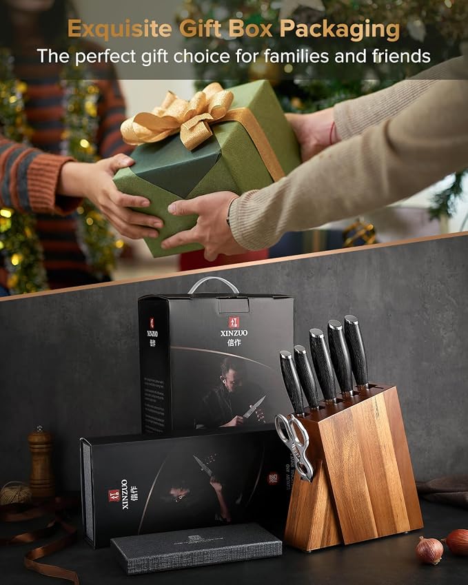 XINZUO Kitchen Knife Block Set,7-Piece Damascus Cooking Knife Set with Kitchen Shears for Professional Chefs and Home Cooking,Pakkawood Handle, Gift Box