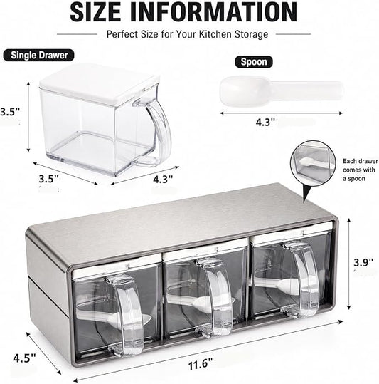 ZENFUN 3 Grids Seasoning Organizer Box, Stainless Steel Salt Container with Lid and Spoon, Seasoning Containers with Stainless Steel Rack for Home, Kitchen, Cafe, Storing Salt, Sugar, Pepper, Spice