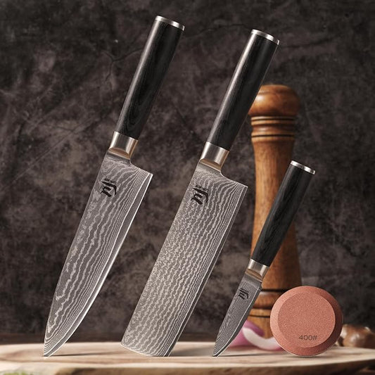 SUNCHUN 3-Piece VG-10 Damascus Kitchen Knife Set with Double-Sided Sharpening Stone – Nakiri, Chef & Paring Knives, 67-Layer Tsunami Wave Pattern, Black Pakka Wood Handles, 60±2 HRC (3-Piece-Set)