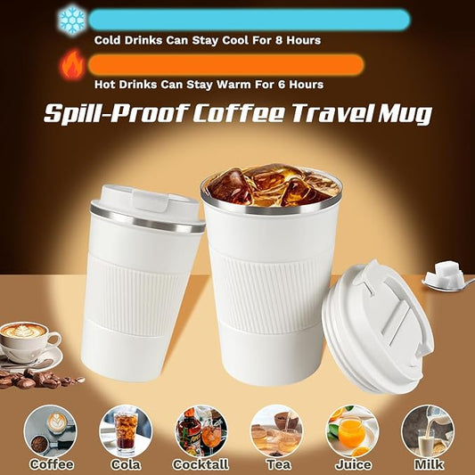SPLMIFA Vacuum-Insulated Stainless Steel Travel Coffee Mug, Leak-Proof Reusable Coffee Cup with Lid - Keep Hot & Cold Drinks for Hours, Durable Insulated Tumbler for Men & Women(3rd-White, 12OZ)