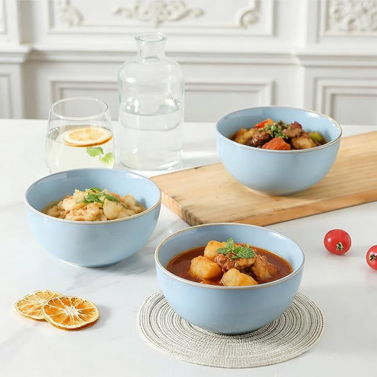 Cereal Bowls, 24 oz Ceramic Bowls Set of 4, Stoneware Bowl Set for Salad, Kitchen, Soup, Dessert, Ramen, Dishwasher and Microwave Safe, Skyblue