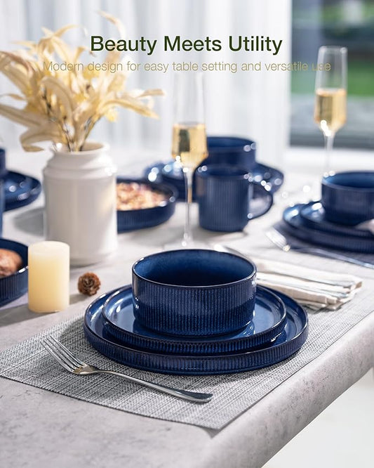 Famiware Star 24-Piece Stoneware Dinnerware Sets, Service for 6 - Reactive Glaze Mugs, Plates and Bowls, Dishes for Everyday/Formal Use, Chip/Scratch Resistant, Microwave/Dishwasher Safe, Nebulas Blue