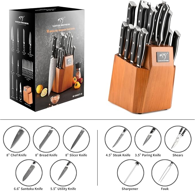 Knife Block Set, 18-Piece Damascus Kitchen Knife Sets with VG10 Core Blades, 67-Layer Damascus Steel, ABS Ergonomic Handle, Compact Knife Block Design, Suitable for Placement in Small Spaces