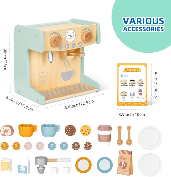 OOOK 2-in-1 Wooden Coffee Maker Set for Kids, 28Pcs Pretend Play Coffee Shop Toys with Play Kitchen Accessories & Food Toys, Birthday Gift for Girls Boys Age 3+