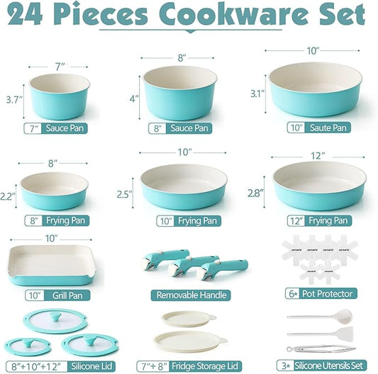 SENSARTE 24 Piece Ceramic Pots and Pans Set, Nonstick Detachable Handle Cookware, Induction Cookware Set with Removable Handle, Healthy Non Stick for RV, Dishwasher&Oven Safe, PFOA Free (Turquoise)