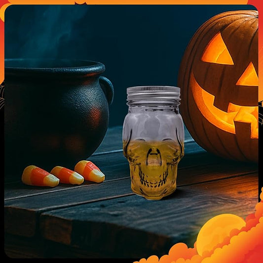 DURA LIVING Set of 2 Skull Mason Jar Glasses with Lids | 16oz Reusable Halloween Drinking Glasses | Unique Skull Décor, Storage, & Canning Jars for Parties & Gifts