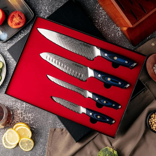 Seido Knives 4-Piece Kanpeki VG10 Damascus Steel Knife Set - Professional Chef Knife Set with Blue Handle - Includes Chef Knife