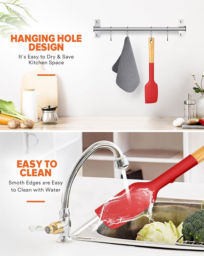 Silicone Heavy-Duty Spatula, Great For Tough Mixing And Stirring, Sturdy Bpa-Free Matte Silicone, Wooden Handle Rubber Scraper For Nonstick Cookwares (RED)