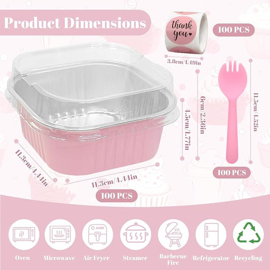 100 Pack 10oz Mini Cake Pans With Lids, Aluminum Foil Square Brownie Baking Cups,Disposable 4”x4” Large Cupcake Pan,Jumbo Muffin Tin Ramekins Holders-Pink