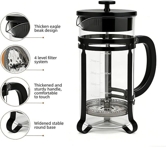 21oz French Press Coffee Maker, Thickened Borosilicate Glass & 304 Stainless Steel Double Mesh Filter. Cold Brew & Tea Brewer for Travel Camping, Kitchen Decor, Bar Accessories Gift (BLACK)