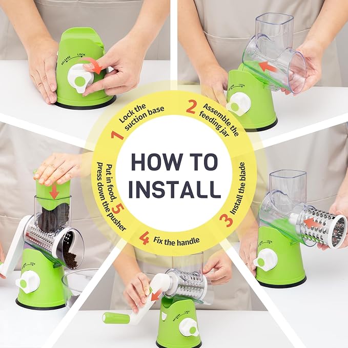 Rotary Cheese Grater Hand Crank, 3 Blades Slicer Shredder, Cheese Grater for Kitchen, Multi-Functional Kitchen Tool for Vegetables, Nuts, Chocolate, with Strong Suction Base, Green