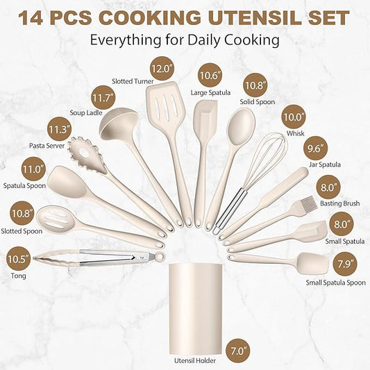 LIANYU 14 Pcs Kitchen Utensils Set with Holder, Silicone Cooking Utensils Spatula Set, Heat Resistant Cookware Tools Includes Spoon Turner Whisk Tong, Dishwasher Safe, Khaki