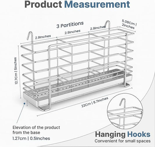 KESOL 304 Stainless Steel Utensil Drying Rack with Hooks & 3 Divided Compartments, Silverware Drying Basket, Spoon and Fork Organizer, Rustproof Kitchen Drainage Basket Accessories, Silver, 2x8.7x5