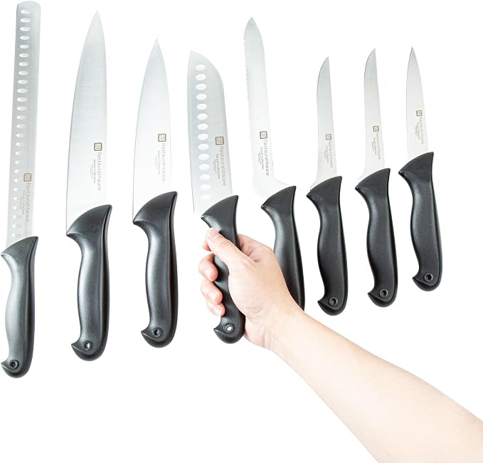 Restaurantware Sensei 8-Piece Knife Set 1 With Colored Coded Pins Professional Knife Set For Chefs - Razor Sharp Stain-Resistant Black German Steel Steel Knife Set Ergonomic Handle