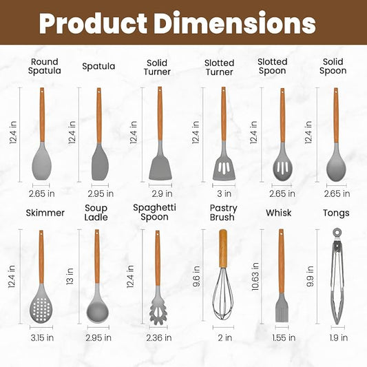 Kitchen Utensils Set - 12 Pcs Silicone Cooking Utensils Set with Wooden Handle - Heat Resistant Non-Stick BPA Free Spatula Set,Turner, Spoon, Brush, Silicone Kitchen Gadgets Utensil Set