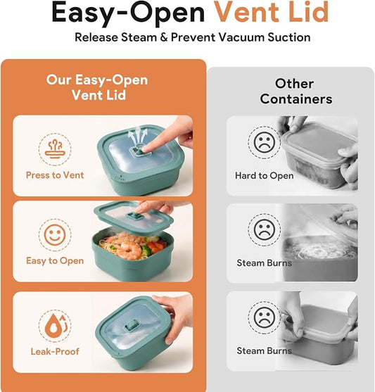 3 Pack Food Storage Containers with Easy-Open Vent Lids, Leak Resistant BPA-Free Meal Prep Containers, Microwave Freezer Dishwasher Safe, Stackable Food Containers, Tea Green,17oz 34oz 51oz