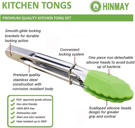 HINMAY 7" Mini Tongs with Silicone Tips, Set of 3 (Green) | 7 Inches Silicone Cooking Tongs
