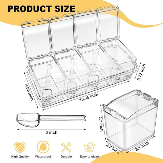 Bokon 4 Set Acrylic Seasoning Box with Spoons, 16 Compartments Clear Spice Organizer, Kitchen Condiment Containers with Lids for Salt, Sugar, Candy