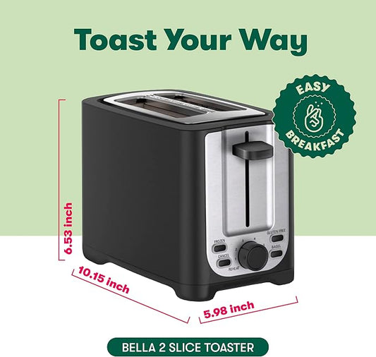 bella 2 Slice Toaster with Auto Shut Off,Extra Wide Slots & Removable Crumb Tray and Cancel,Defrost & Reheat Function,Toast Bread,Bagel-& Waffle,Black,(Pack of 6)
