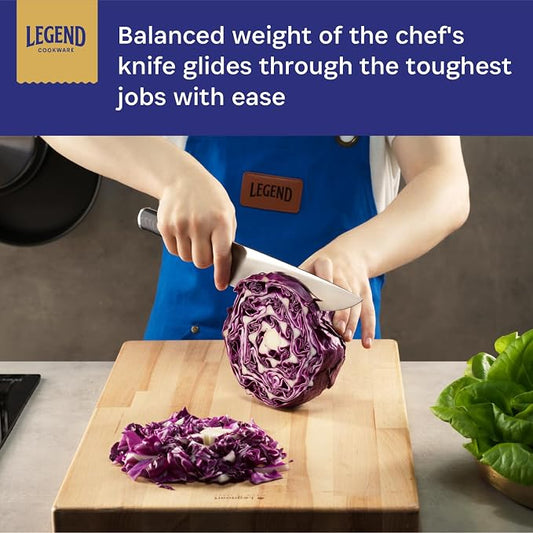 LEGEND COOKWARE Premium 8” German Steel Chef Knife - Professional Kitchen Knives - Sharp, Full Tang Stainless Steel w/Black G10 Handle - All Purpose Cooking Chef’s Knife - Gift Packaging w/Sheath
