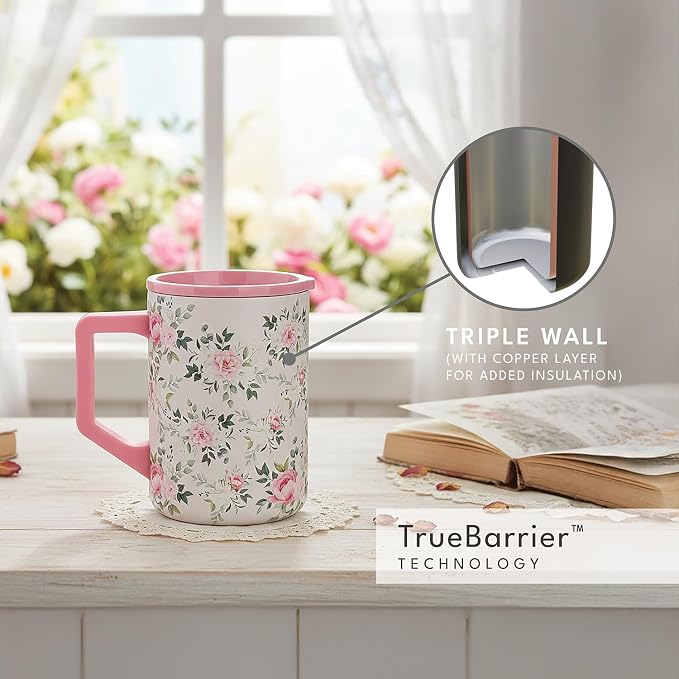 Elemental Insulated Coffee Mug - Triple-Wall Stainless Steel Summit Travel Cup for Hot and Cold Drinks - Thermal Coffee Mug with Lid and Handle for Camping, Office & Travel 16oz - Rose Garden