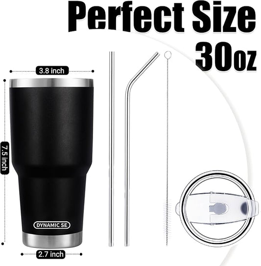 D·S 30 oz Black Tumbler Stainless Steel Double Wall Vacuum Insulated Mug with Straw and Lid, Cleaning Brush for Cold and Hot Beverages