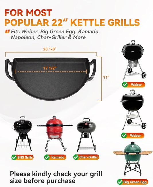 Cast Iron Drip Griddle Pan for 22" Weber Kettle Grill– Heavy Duty 3-in-1 Kettle Grill Accessory, Griddle Insert for 22 Inch Weber & Other Charcoal Kettle Grills, BBQ Searing Pan, Griddle & Drip Tray