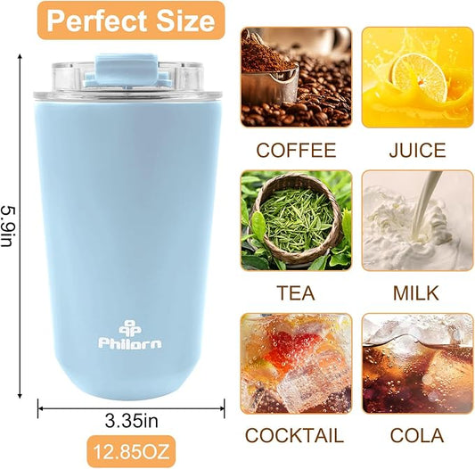 PHILORN Travel Coffee Mug 12 OZ Tumbler, Insulated Coffee Mug with Lid, Coffee Thermos for Hot & Cold Drinks, Leak Proof Coffee Tumbler with Double Wall (LIGHT BLUE)