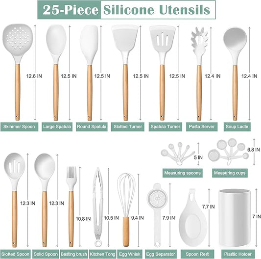 E-far White Cooking Utensils Set with Holder, 25-Piece Silicone Kitchen Utensil Set with Wooden Handle for Nonstick Cookware, 446ยฐF Heat Resistant Kitchen Tool Spatula Tongs Whisk, Non-toxic & Healthy