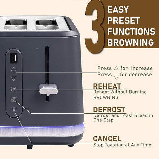 Stainless Steel Toaster 2 Slices, Toasters Wide Slot, Bread Toaster with Cancel, Reheat, Defrost Function, Bagel Toasters with Removable Tray & 6 Temperature Settings, LED Display, Grey