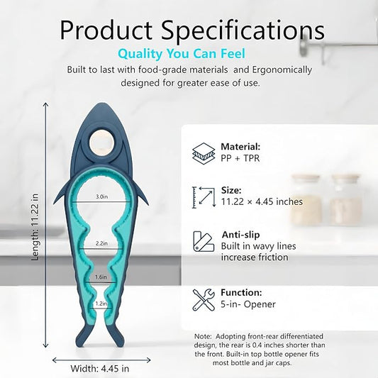 Jar Opener Bottle Opener for Arthritis, 5-in-1 Multifunctional Jar Opener, Easy to Use for Seniors and Weak Hands, Shark Shape Kitchen Gadget for jar, Beer and Bottle (Grey and Blue)