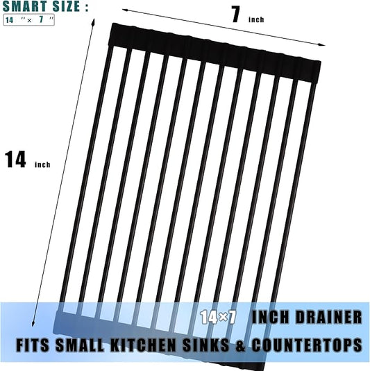 Roll up Dish Drying Rack Silicone Wrapped Stainless Steel 14.5" x 7", Black (M), Over the Sink, Heat Resistant, Foldable