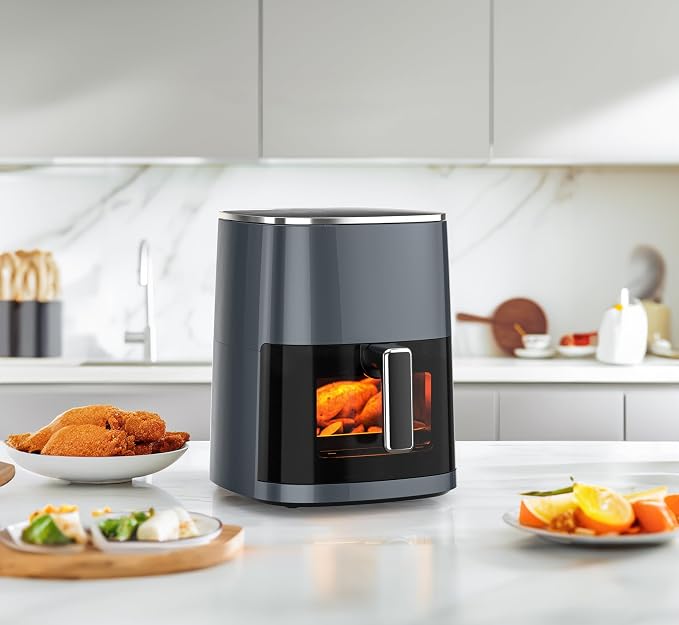 OLIXIS 12-in-1 Air Fryer 6.34 Quarts, Visable Airfryer with Window, 400°F, Roast, Reheat, Dehydrate, Bake, Steam, Fries, Custard, Chicken, Wings, Sea Food, Vegetabels, Grey
