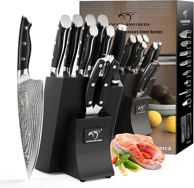 NANFANG BROTHERS Knife Set, 9 Pieces Damascus Kitchen Knife Set with Block, ABS Ergonomic Handle for Chef Knife Set, Knife Sharpener and Kitchen Shears, Knife Block Set