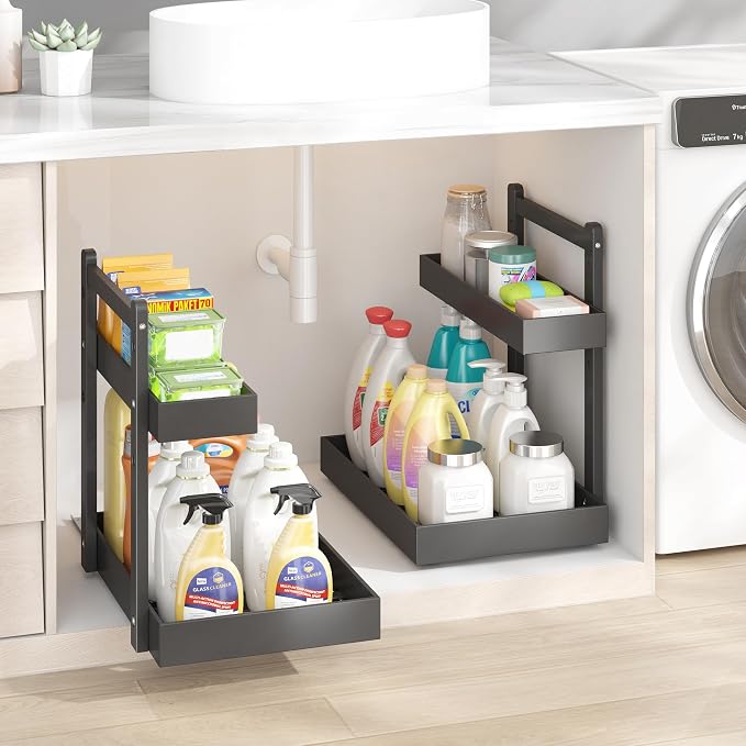 Under Sink Organizer - 1-Tier Pull Out Cabinet Organizer Vertical Slide Out Sink Shelf Storage Shelves for Multi-Purpose Bath Kitchen Bathroom Medicine (Black, 1 Pack)