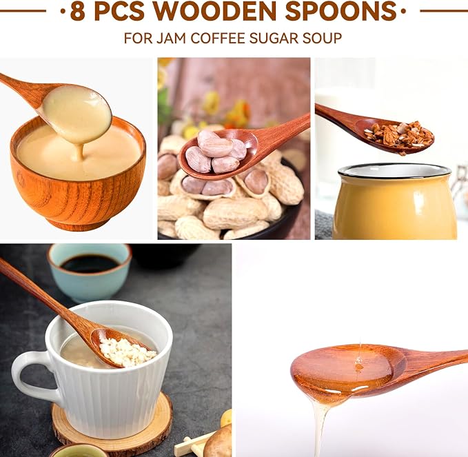 8 Pieces Wooden Spoons Set, 8 Inch Small Wooden Spoons for honey, Long Handle Mixing Teaspoon, Handmade Wood Coffee Spoon, Tiny Stirring Spoon for Kitchen Desserts Tasting
