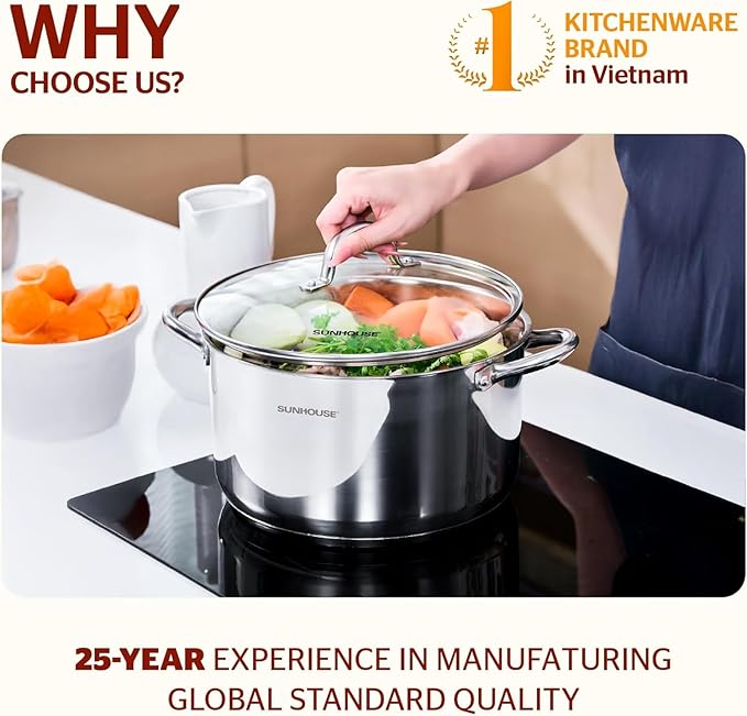 Sunhouse Stock Pot with Lid - 7 QT Large Pot for Cooking Pasta, Soup, Spaghetti - Impact Bonding Base Big Stainless Steel Pots for Canning, Boiling - Oven Safe & Induction Compatible Cookware