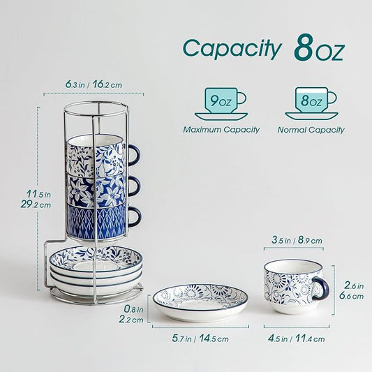 vancasso 8OZ Stackable Cappuccino Cups, Porcelain Espresso Cups with Saucers and Metal Stand Set of 4, Classic Printed Tea Cup Set for Coffee Drinks, Latte, Series SELENE (Vintage Blue, 8 Ounce)