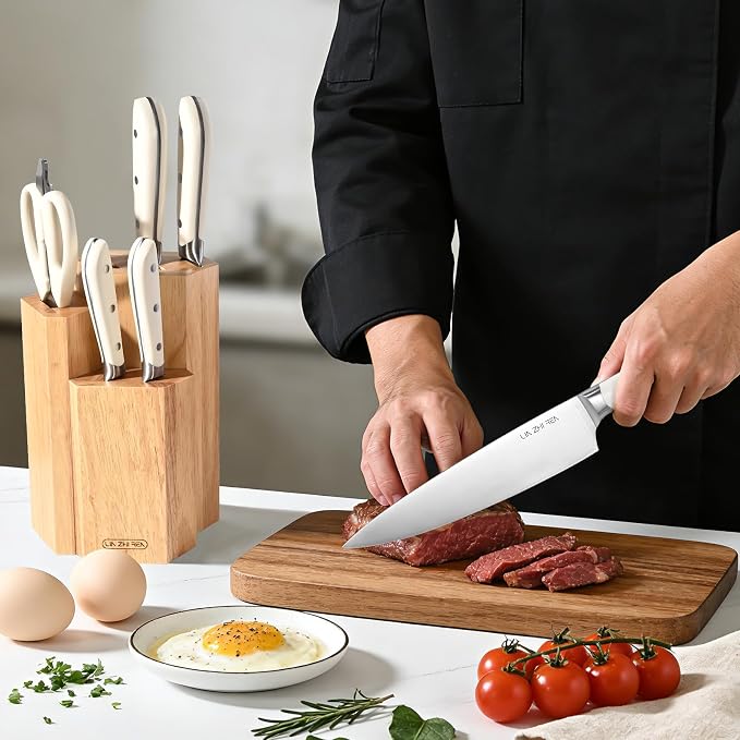 7 Piece Kitchen Knife Block Set, Stainless Steel Knives with Sharpener for Chopping, Dishwasher Safe (burlywood)