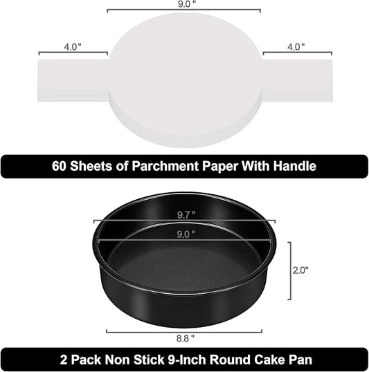 9 Inch Round Cake Pan Set of 2, Nonstick Cake Pans 9 Inch Round with 60PCS Parchment Paper for Birthday, Round Cake Pans for Baking Layered Cakes Deep-Dish Pizza Pie, Even Heating & Dishwasher Safe