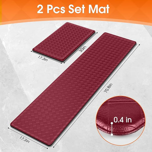 TranquilRelax 2-Piece Anti-Fatigue Kitchen Mats, Cushioned Non-Slip Waterproof Sink & Stove Floor Mats, Comfortable Standing Rug Set for Kitchen, Laundry & Entryway, Red