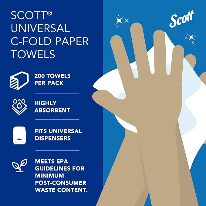 Scott Professional Essential C-Fold Folded Paper Towels, Bulk (01510), Fast-Drying Absorbency Pockets, 13.15"x10.125" Towel, White (200 Sheets/Pack, 12 Packs/Case, 2,400 Sheet Total)