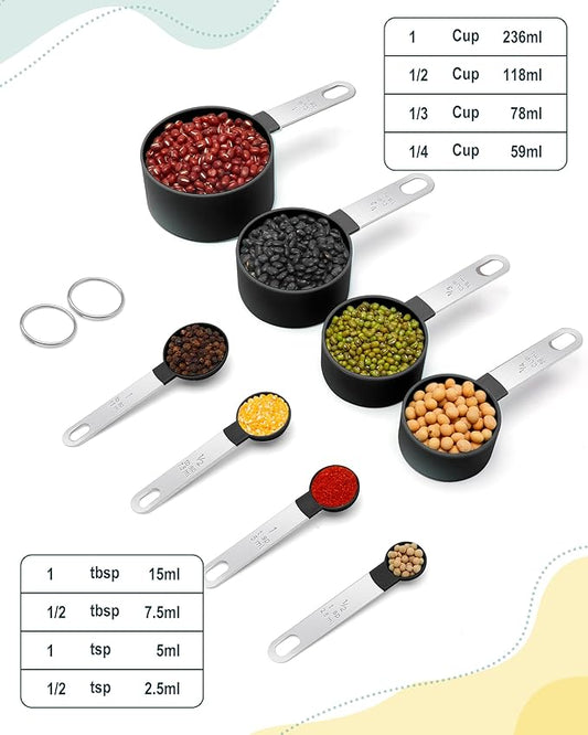 Measuring Cups and Spoons Set of 8 Pieces, nesting measuring cups for Measuring Dry or Liquid Ingredients, Stainless Steel Handle, Kitchen Gadgets for Cooking & Baking (Black)