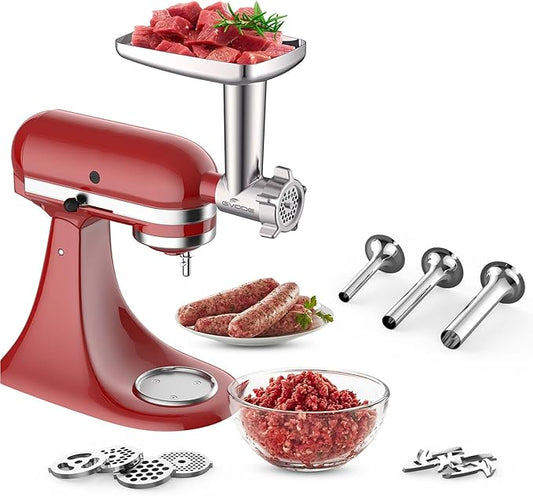 Metal Meat Grinder Attachment for KitchenAid Stand Mixer, Meat Grinder for Kitchen Aid Includes 4 Grinding Plates, 3 Sausage Stuffer Tubes, 2 Grinding Blades, Food Grinder Attachment for KitchenAid