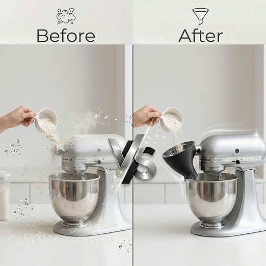 Flour Funnel Compatible for KitchenAid Mixer, Easy Pour No-Mess Attachment, Anti-Splash Attachment for Tilt-Head Stand Mixer 4.5 & 5 Quart (KSM150), Dishwasher Safe Baking Tool