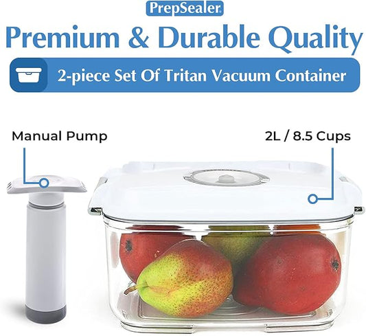 PrepSealer Marinating Vacuum System Container-Makes Food Tastier, Juicier, Healthier and More Tender (2 Liter, Rectangle Shape, Tritan Material, BPA free, Tray and Manual Hand Pump Included)