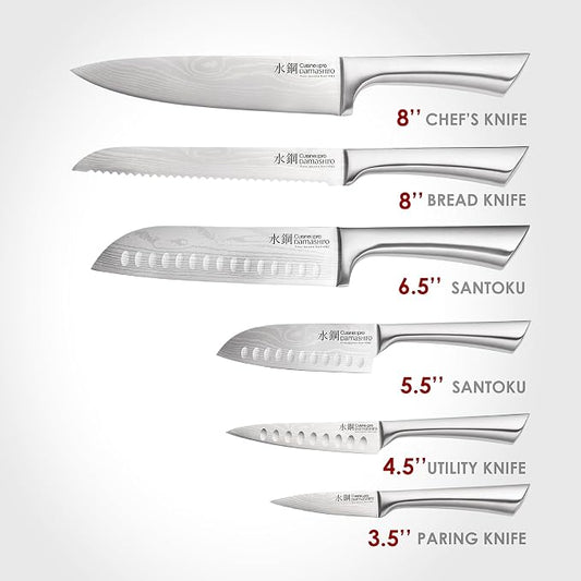 Cuisine::pro Damashiro Knife Block (Kumi, 7-Piece Chef Knife Set) - Japanese Steel Knife - Magnetic Knife Block- Damascus-Inspired Blade Kitchen Knives