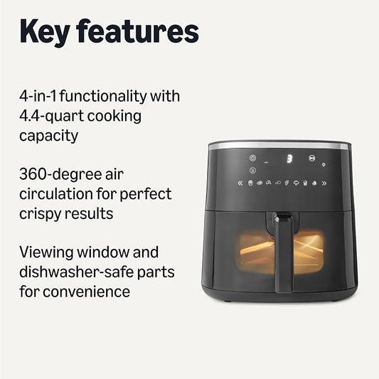 Amazon Basics 4.4-Quart Air Fryer with Easy View Window, 8 Preset Menus, 1400W, Black
